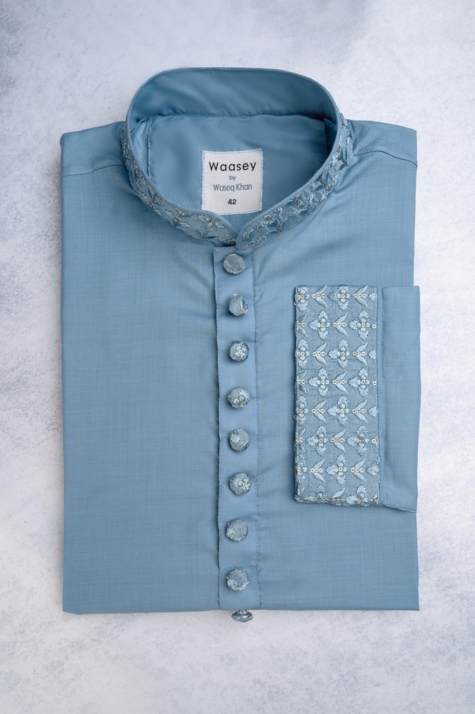 Powder Blue Panjabi with Tone-on-Tone Pattern